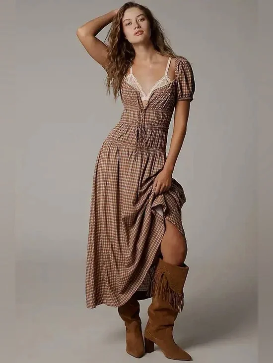 NEW Reformation Rhett Midi Dress in brown check - Picture 3 of 10
